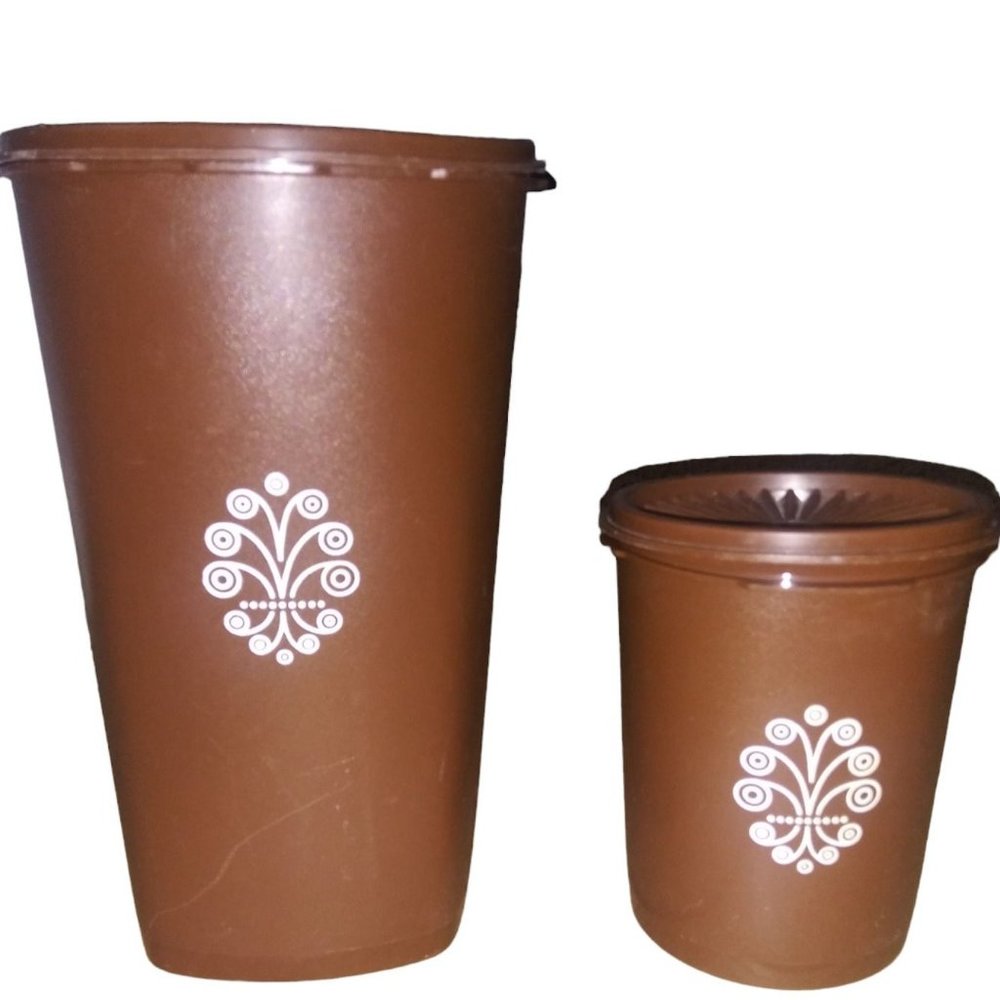 VTG Tupperware Servalier Brown Nesting Canisters Set of 2 Stacking Canister